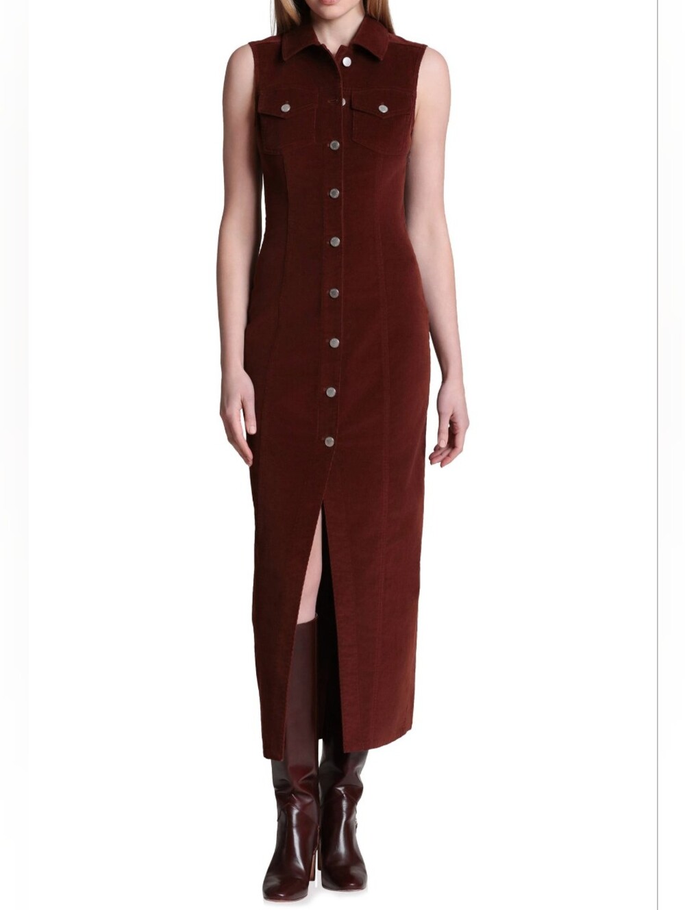 Avec Les Filles Sleeveless Button-Front Maxi Dress in Deep Brown